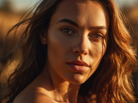 Close up portrait of a beautiful young brunette woman in the fieldの素材