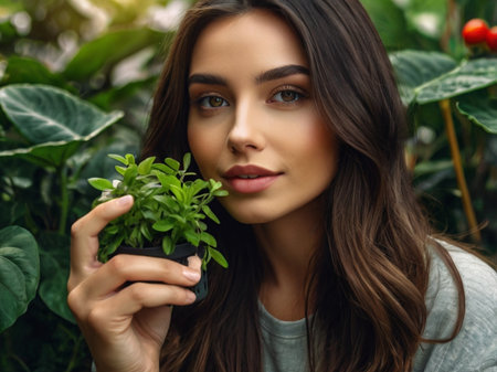 Beautiful young woman with green plant in pot in the garden.の素材