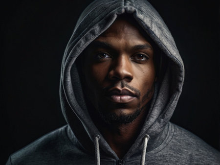 Portrait of an African American man in hoodie on black backgroundの素材