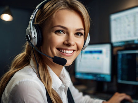 Portrait of happy female customer support operator in headset smiling at cameraの素材