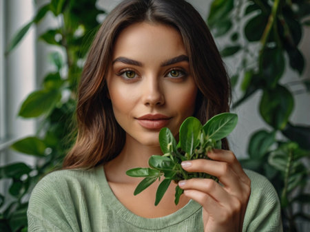 Beautiful young woman with green plant in her hands. Natural beauty concept.の素材