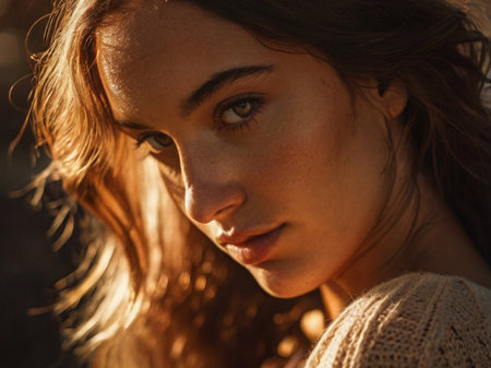 Close-up portrait of a beautiful young woman in a warm sweaterの素材