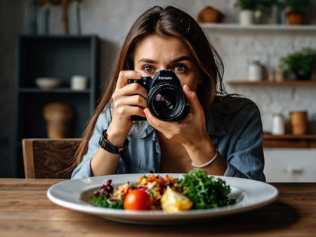 Beautiful young woman with a camera in her hands takes pictures of salad.の素材