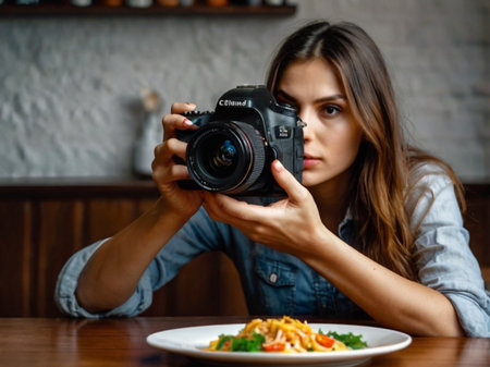 Young woman taking photos of pasta with a camera in a restaurant.の素材