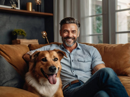 Portrait of a smiling man sitting on the couch with his dog at homeの素材