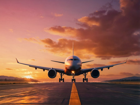 Airplane in the sky at sunset. Travel and business concept.の素材