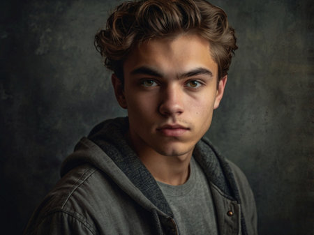 Portrait of a handsome young man in a gray sweatshirt.の素材