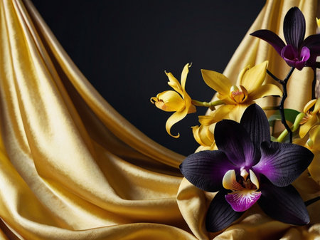 Orchid flowers on golden satin fabric background with copy space.の素材