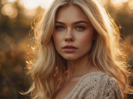 Portrait of a beautiful girl with blond hair in a knitted sweater on the background of the autumn fieldの素材