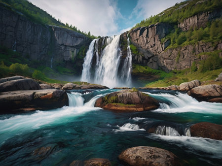 Waterfall in Norway. Beautiful summer landscape with waterfall in mountains.の素材