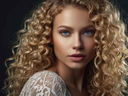 Portrait of a beautiful blonde woman with curly hair on a black backgroundの素材
