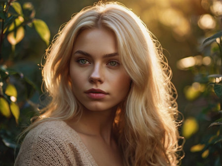 Portrait of a beautiful young blonde woman in a knitted sweaterの素材