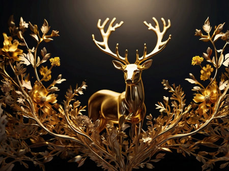 Golden reindeer on a black background. 3D illustration.の素材