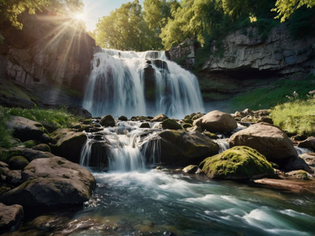 Beautiful waterfall in the forest. Summer landscape with waterfalls.の素材