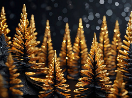 Golden Christmas tree decoration on dark background with bokeh lights.の素材
