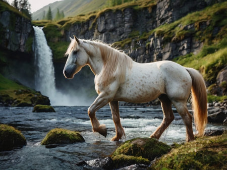 Beautiful white horse on the background of a waterfall in Iceland.の素材