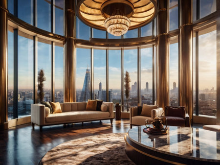 Luxury living room interior with a panoramic window overlooking the New York City skylineの素材