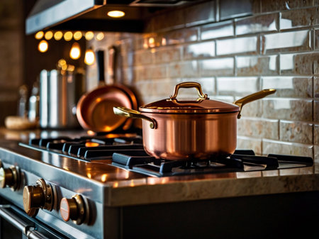 stainless steel cooking pot on gas stove in modern kitchen.の素材