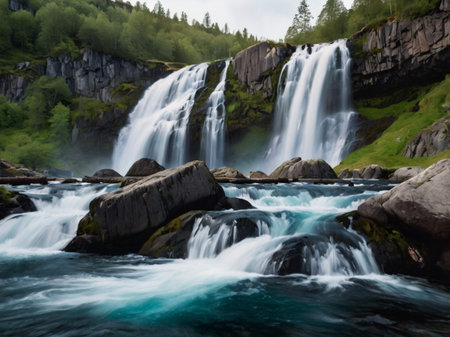 Beautiful waterfall in Norway, Scandinavia, Northern Europe. Long exposure.の素材