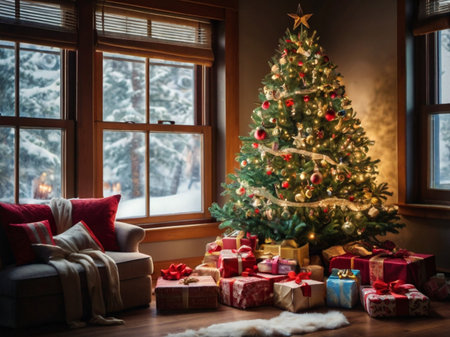 Christmas tree with presents by the window in the living room at homeの素材