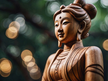Wooden statue of a woman on the background of bokehの素材