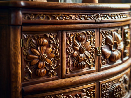 Wooden chest of drawers with carved patterns. Close up.の素材
