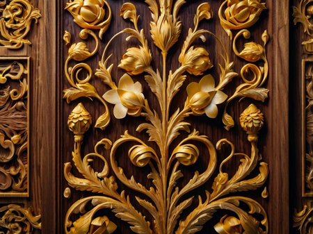 Wooden door with gold ornament, close-up. Background.の素材