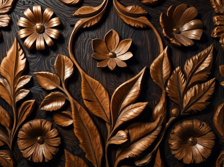 Wooden floral ornament on a dark wooden background, close-upの素材