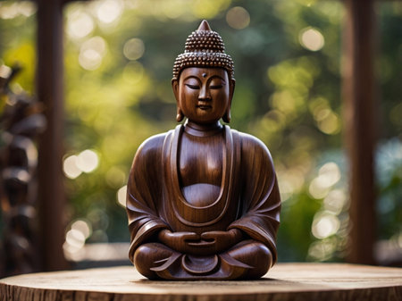 Buddha statue on wooden table with bokeh background.の素材