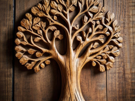 Wooden decorative tree on a wooden background. Close-up.の素材