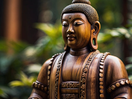 Wooden statue of Buddha in the garden. Selective focus.の素材