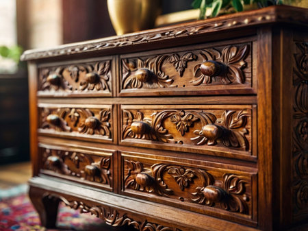 Wooden chest of drawers in the interior of the room.の素材