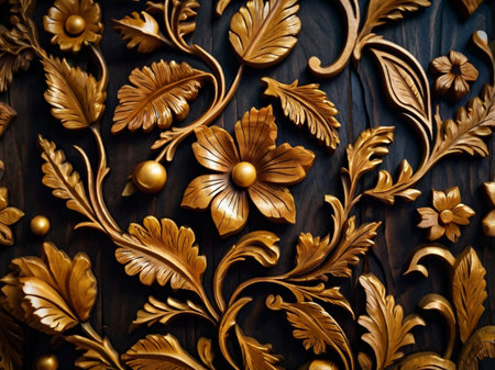 wooden background with golden floral ornament on the wall of a cafeの素材