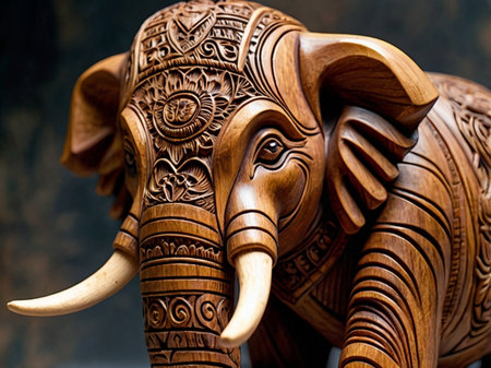 Wooden carved elephant on a dark background, close-up.の素材
