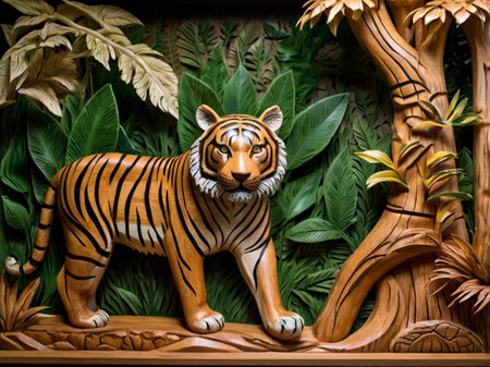 tiger statue on wood background with green leaves, closeup of photoの素材