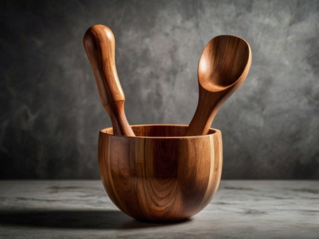 Wooden kitchen utensils on gray background. Copy space.の素材