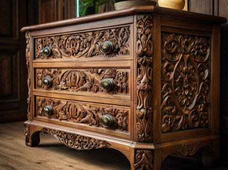 Wooden chest of drawers with carved ornaments in a roomの素材