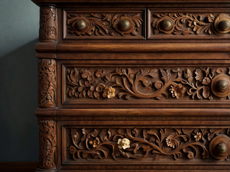Wooden vintage chest of drawers with carved ornaments.の素材