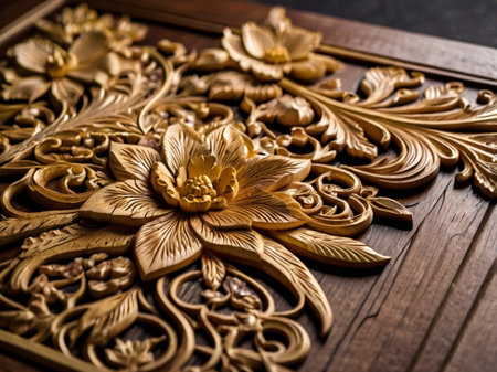 Beautiful carved wooden flower on wooden background. Selective focus.の素材