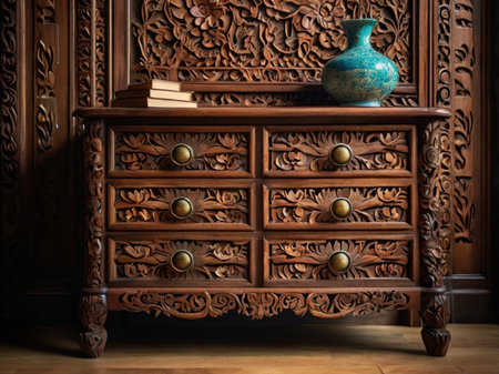 Wooden chest of drawers and vase on a wooden tableの素材