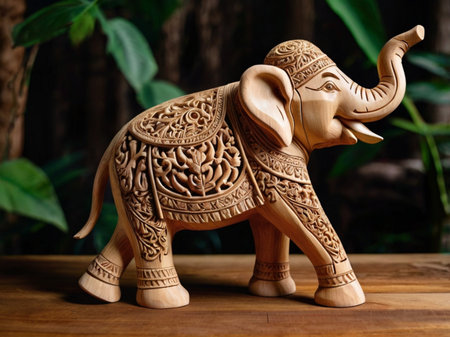 Wooden elephant statue on the wooden floor and green leaves background.の素材