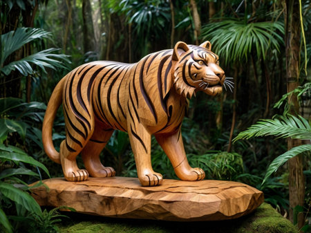 Sculpture of a tiger on a wooden stand in the jungleの素材
