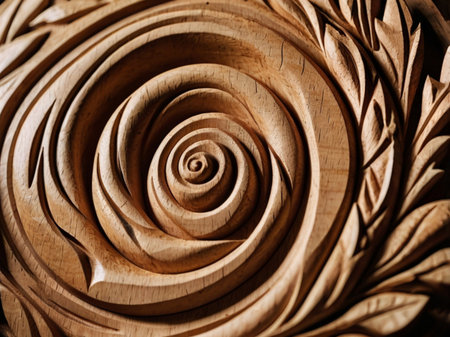 Wooden carved spiral in the shape of a rose. Abstract background.の素材