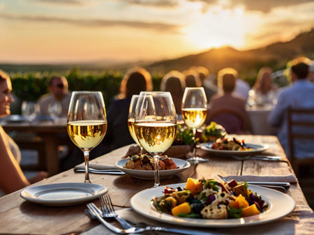 Two glasses of white wine on a table in a vineyard at sunsetの素材