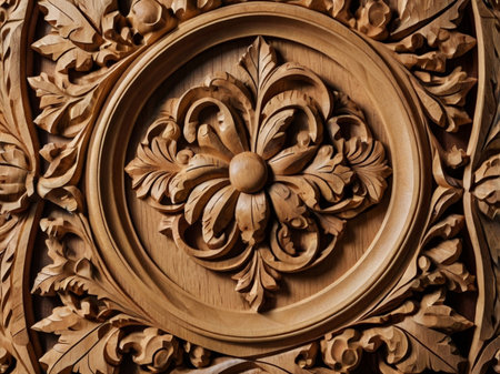 Wooden carved ornament in the form of a flower on the wallの素材