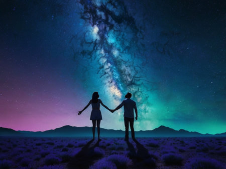 Couple holding hands and looking at the milky way in the skyの素材