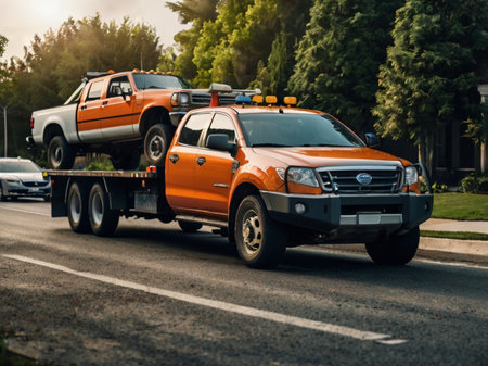 Tow truck with cars on the road. Transportation and logistics concept.の素材