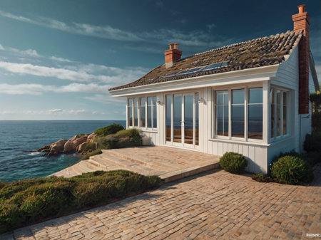 3d render of a house on the coast of the sea.の素材