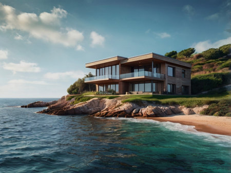 3d rendering of a modern house on the beach with sea viewの素材