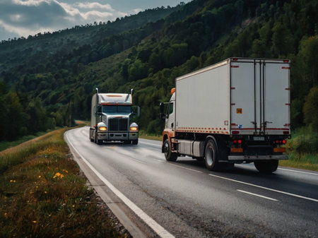 Trucks on the road in the mountains. Freight transportation.の素材